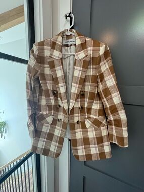 Veronica Beard Brown Plaid Double-Breasted Blazer with Cream & Pink Accents